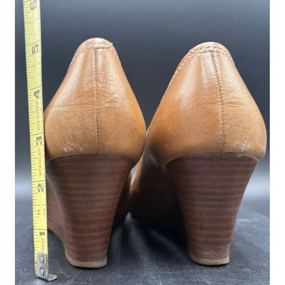 Tory Burch Sally Tan Leather Wedge Heels Gold Metal Logo Women’s Size 9M - Picture 8 of 12